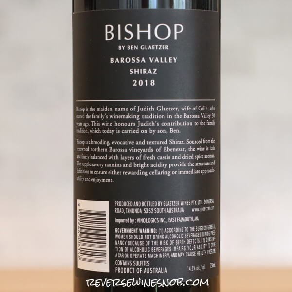 2018 Bishop by Ben Glaetzer Barossa Valley Shiraz Back Label