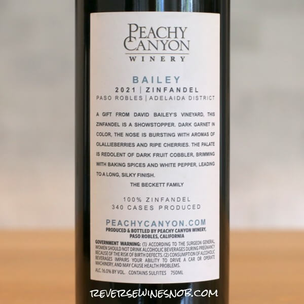 2021 Peachy Canyon Winery Bailey Zinfandel Back Label