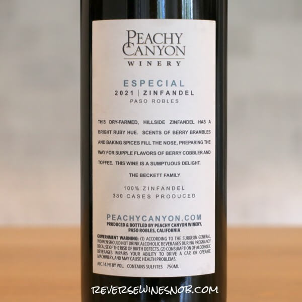 2021 Peachy Canyon Winery Especial Zinfandel Back Label