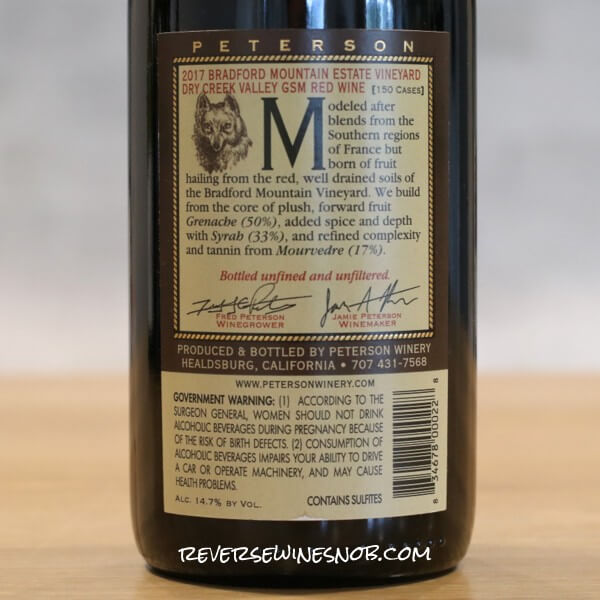 Peterson Winery GSM Blend Back Label