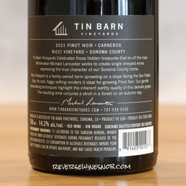 2021 Tin Barn Ricci Vineyard Carneros Pinot Noir Back Label