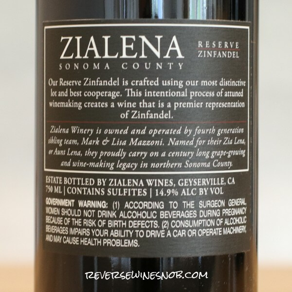 2018 Zialena Reserve Zinfandel Back Label