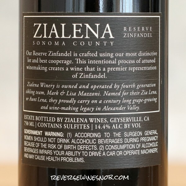 2019 Zialena Reserve Zinfandel Back Label