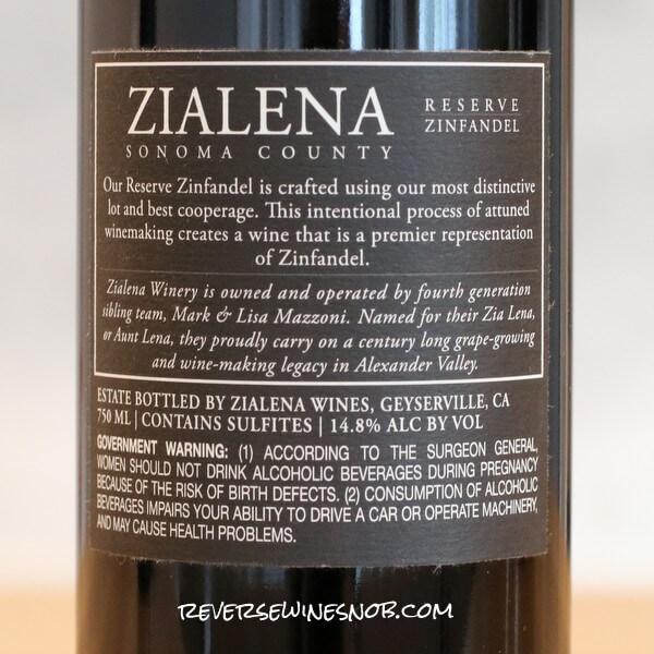 2020 Zialena Reserve Zinfandel Back Label