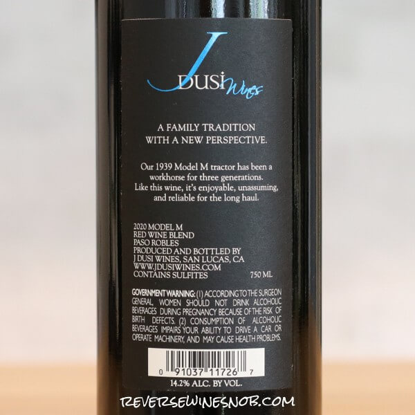 2020 J Dusi Model M Red Blend Back Label