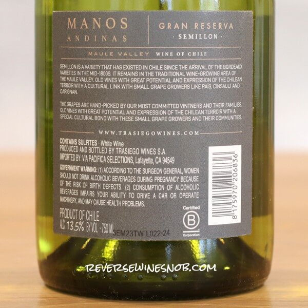 2023 Manos Andinas Gran Reserva Semillon Back Label