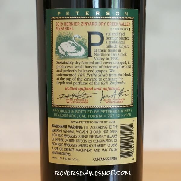 2019 Peterson Bernier Zinyard Zinfandel Back Label