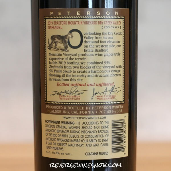 2019 Peterson Bradford Mountain Vineyard Zinfandel Back Label