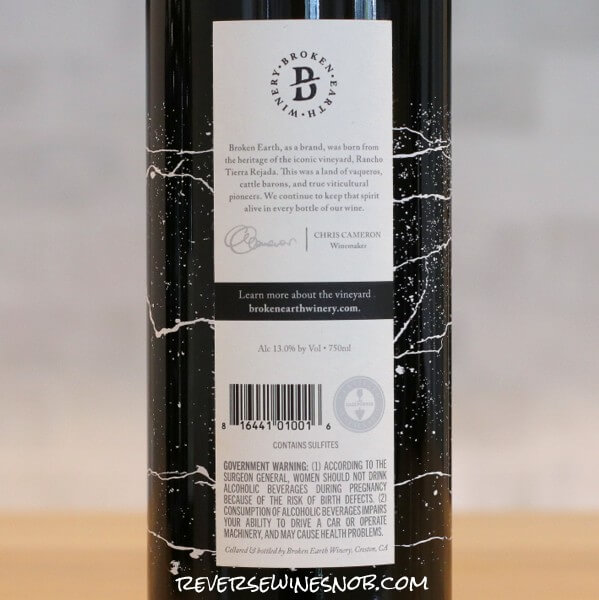 2019 Broken Earth Limited Release Malbec Back Label