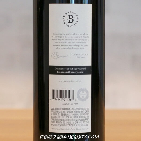 2019 Broken Earth Limited Release Tempranillo Back Label