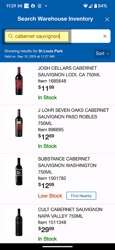 Costco Store Inventory Search Results Cabernet Sauvignon