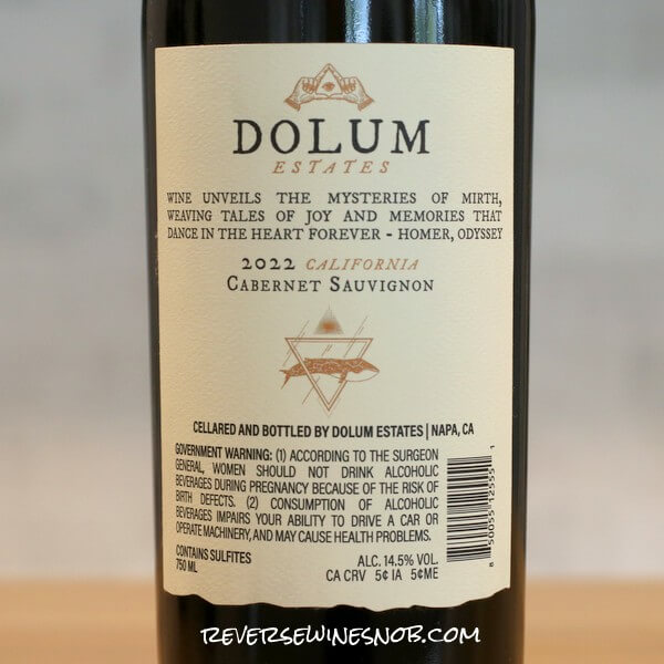 2022 Dolum Estates California Cabernet Sauvignon Back Label