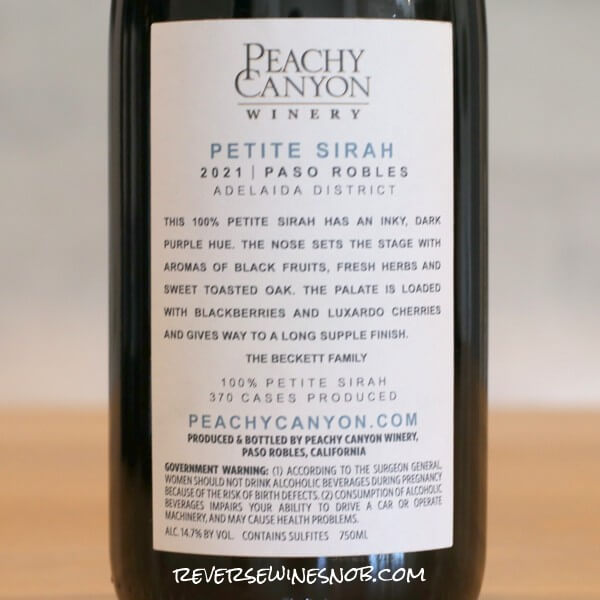 2021 Peachy Canyon Adelaida District Petite Sirah Back Label