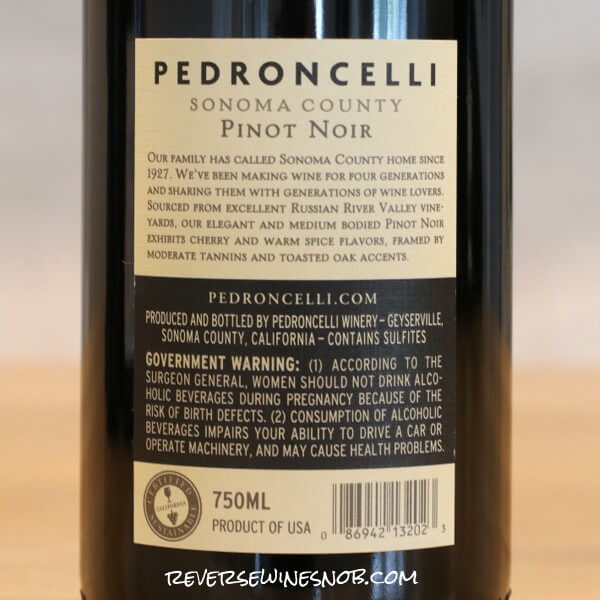 2021 Pedroncelli Russian River Valley Pinot Noir Back Label