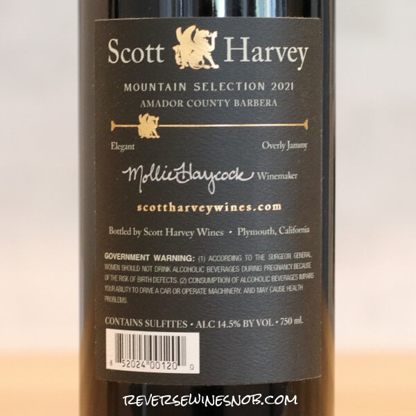 2021 Scott Harvey Mountain Selection Barbera Back Label