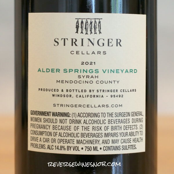 2021 Stringer Alder Springs Vineyard Syrah Back Label