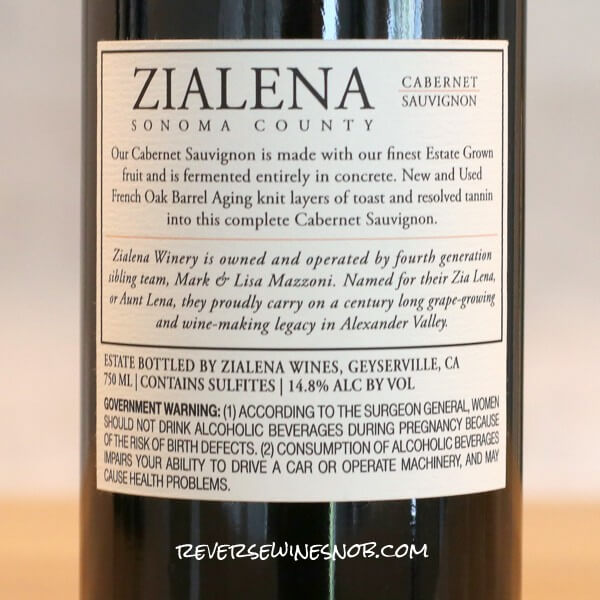 2019 Zialena Cabernet Sauvignon Back Label