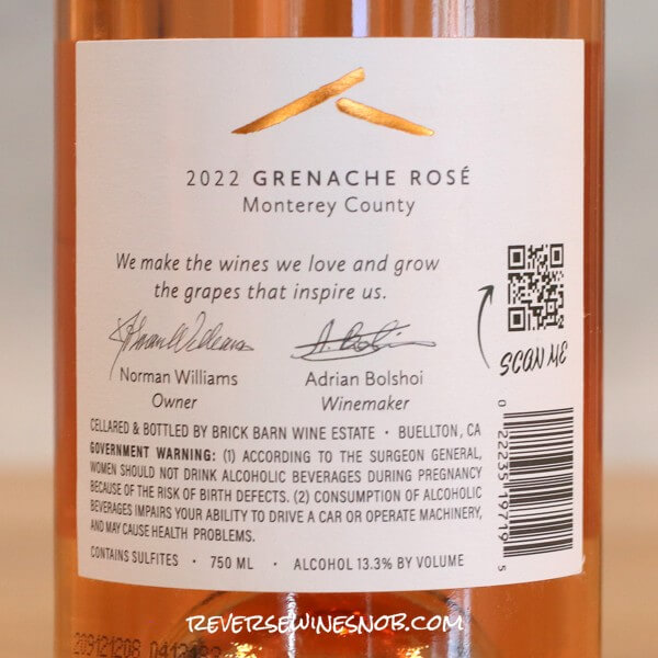 2022 Brick Barn Grenache Rosé Back Label