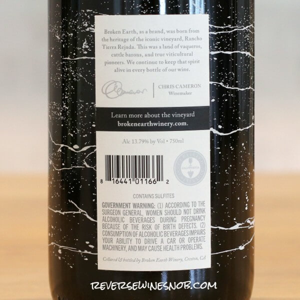 2019 Broken Earth Limited Release Grenache Back Label