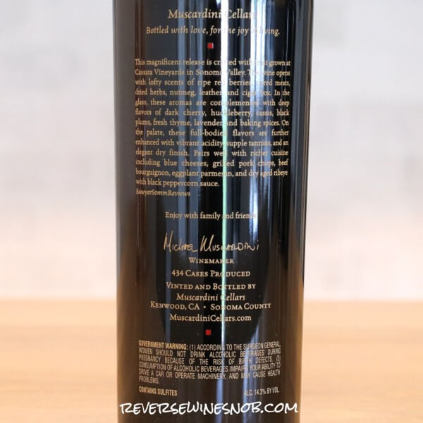 2019 Muscardini Cassata Vineyard Cabernet Sauvignon Back Label