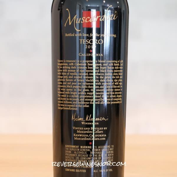 2019 Muscardini Tesoro Proprietary Red Blend Back Label