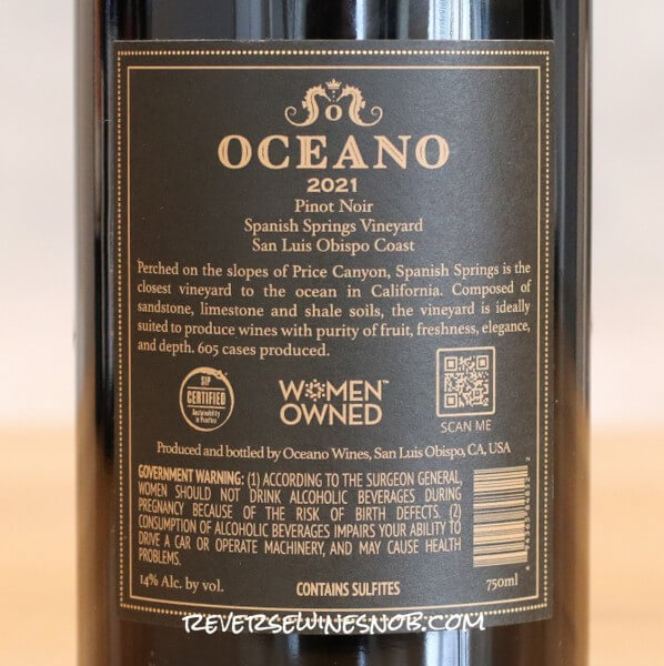 2021 Oceano Spanish Springs Vineyard Pinot Noir Back Label
