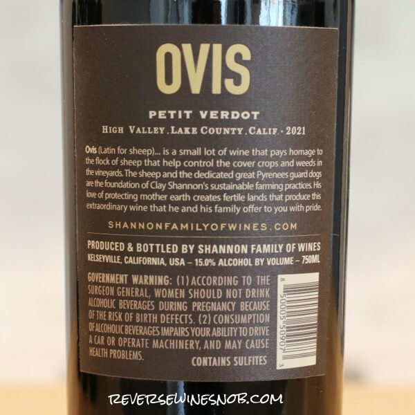 2021 Ovis Petit Verdot Back Label