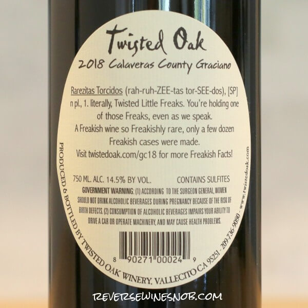 2018 Twisted Oak Graciano Back Label