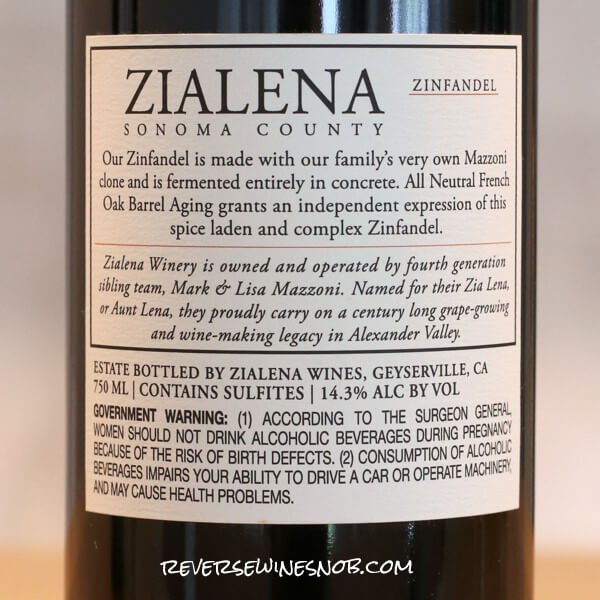 2019 Zialena Alexander Valley Zinfandel Back Label