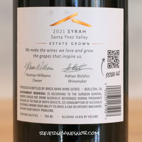 2021 Brick Barn Santa Ynez Valley Syrah Back Label