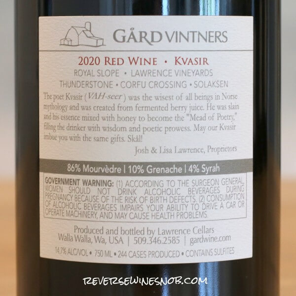 2020 Gard Vintners Kvasir Mourvedre Back Label