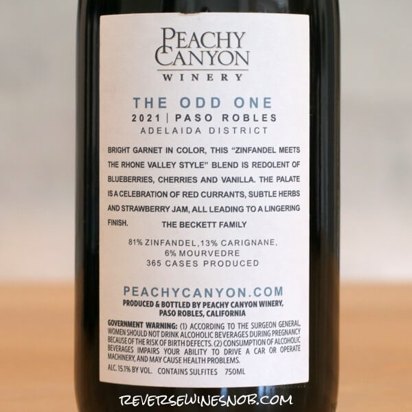 2021 Peachy Canyon The Odd One Back Label