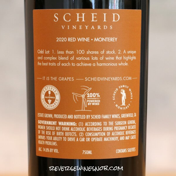 2020 Scheid Vineyards Odd Lot Red Back Label