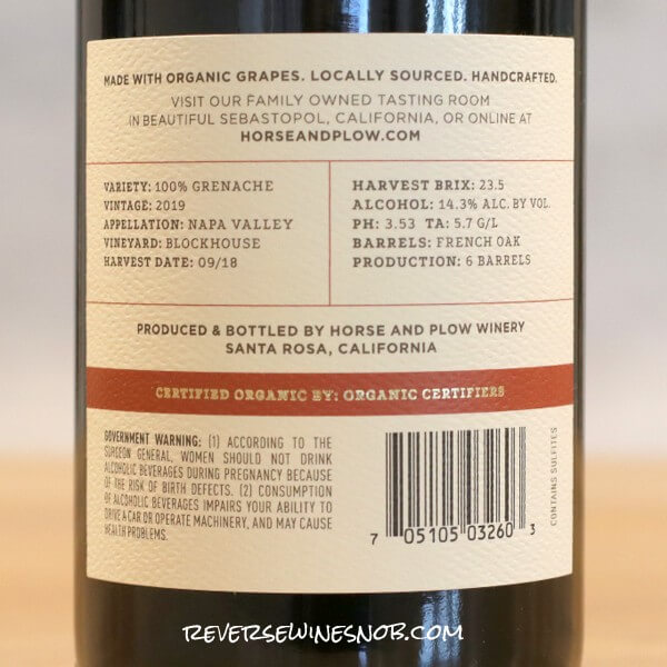 2019 Horse And Plow Napa Valley Grenache Back Label