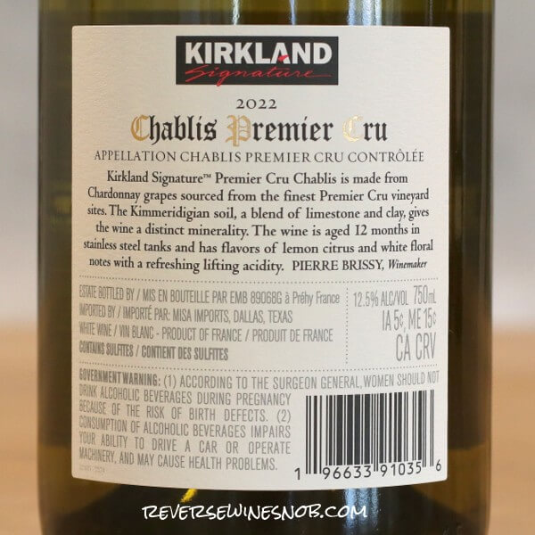 2022 Kirkland Signature Premier Cru Chablis Back Label