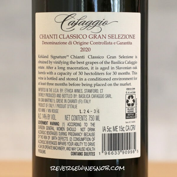 2020 Kirkland Signature Chianti Classico Gran Selezione Back Label