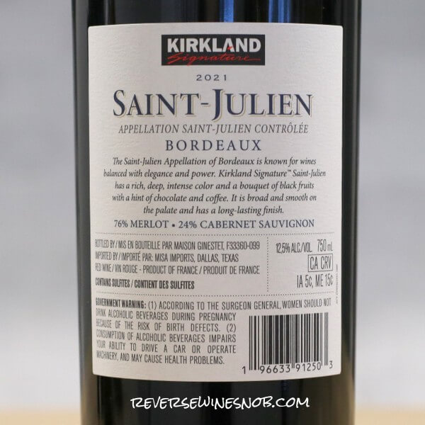 Kirkland Signature Saint-Julien Bordeaux Back Label