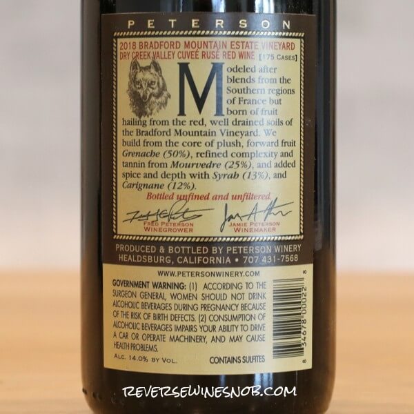 2018 Peterson Bradford Mountain Vineyard Cuvée Rusé Back Label