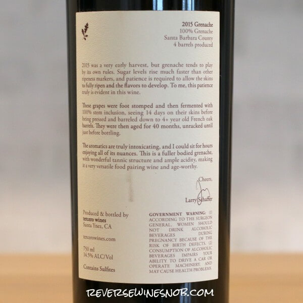 2015 tercero Watch Hill Vineyard Grenache Back Label
