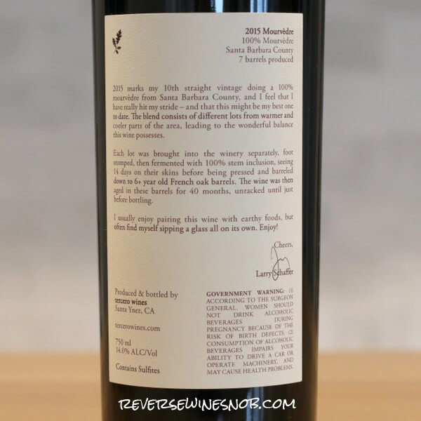 2015 tercero Mourvedre Back Label