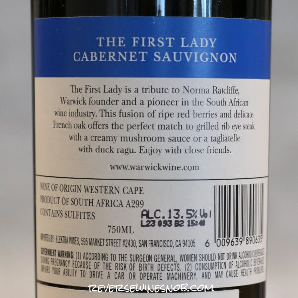 2021 Warwick The First Lady Cabernet Sauvignon Back Label
