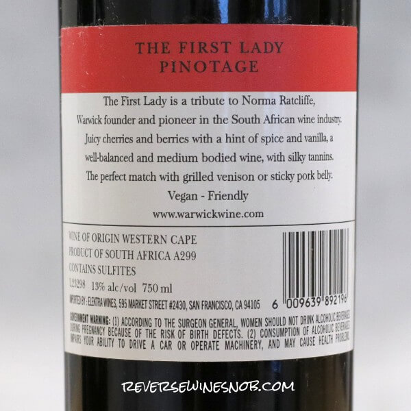 2022 Warwick The First Lady Pinotage Back Label