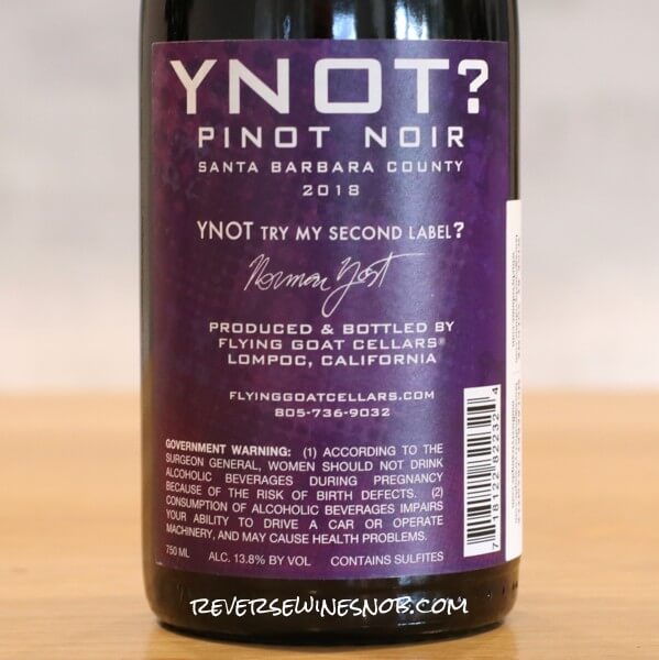 2018 YNOT Pinot Noir Back Label
