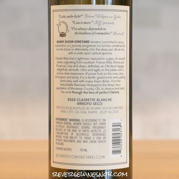 2022 Bonny Doon Vineyard Perfect Clairetty Back Label