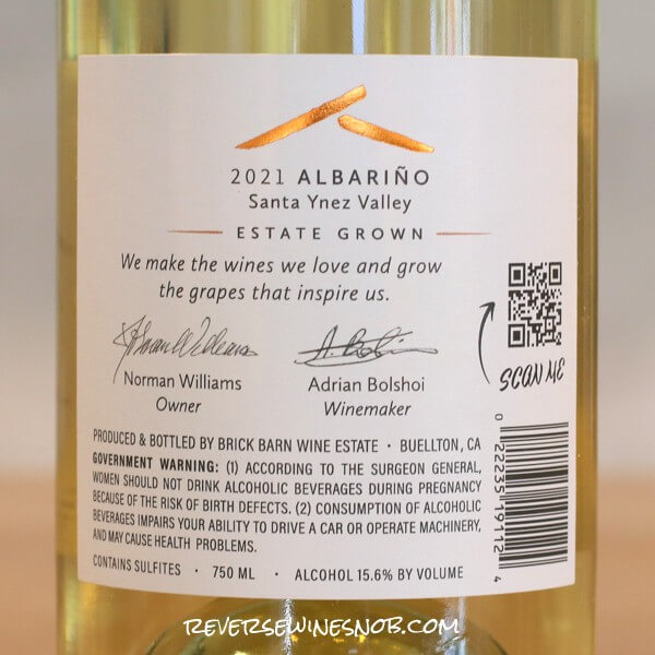 2021 Brick Barn Albarino Back Label