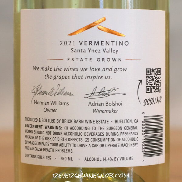 2021 Brick Barn Vermentino Back Label