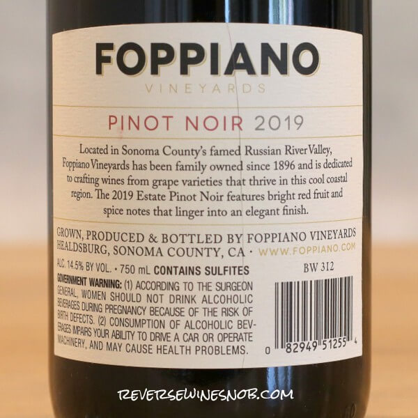 2019 Foppiano Russian River Valley Estate Pinot Noir Back Label