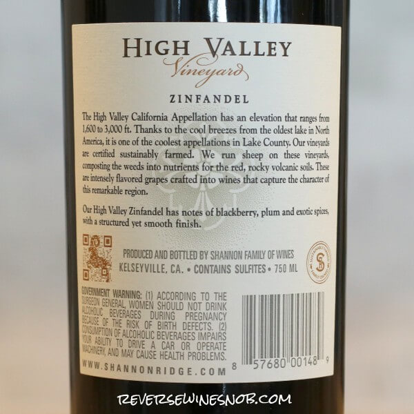 2020 High Valley Vineyard Zinfandel Back Label