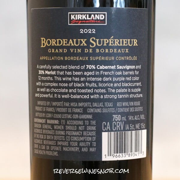 2022 Kirkland Signature Bordeaux Superieur Back Label