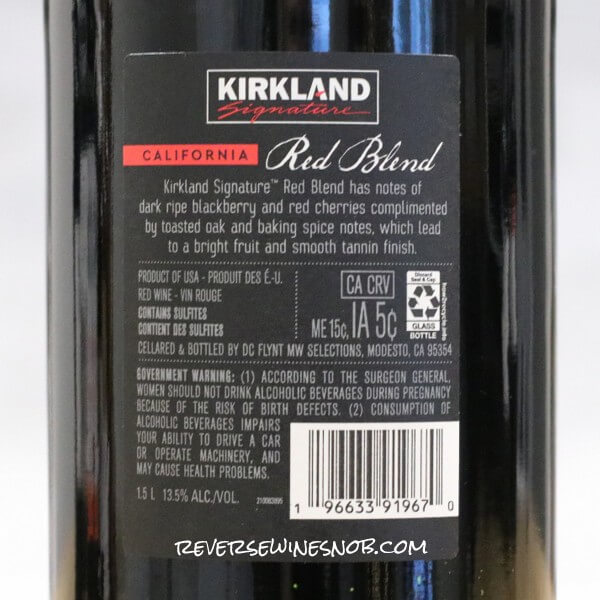 2022 Kirkland Signature California Red Blend Back Label